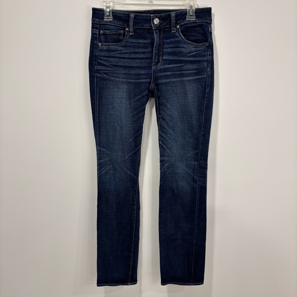 American Eagle Straight Leg Dark Wash Denim Jeans Super Stretch 8 Long